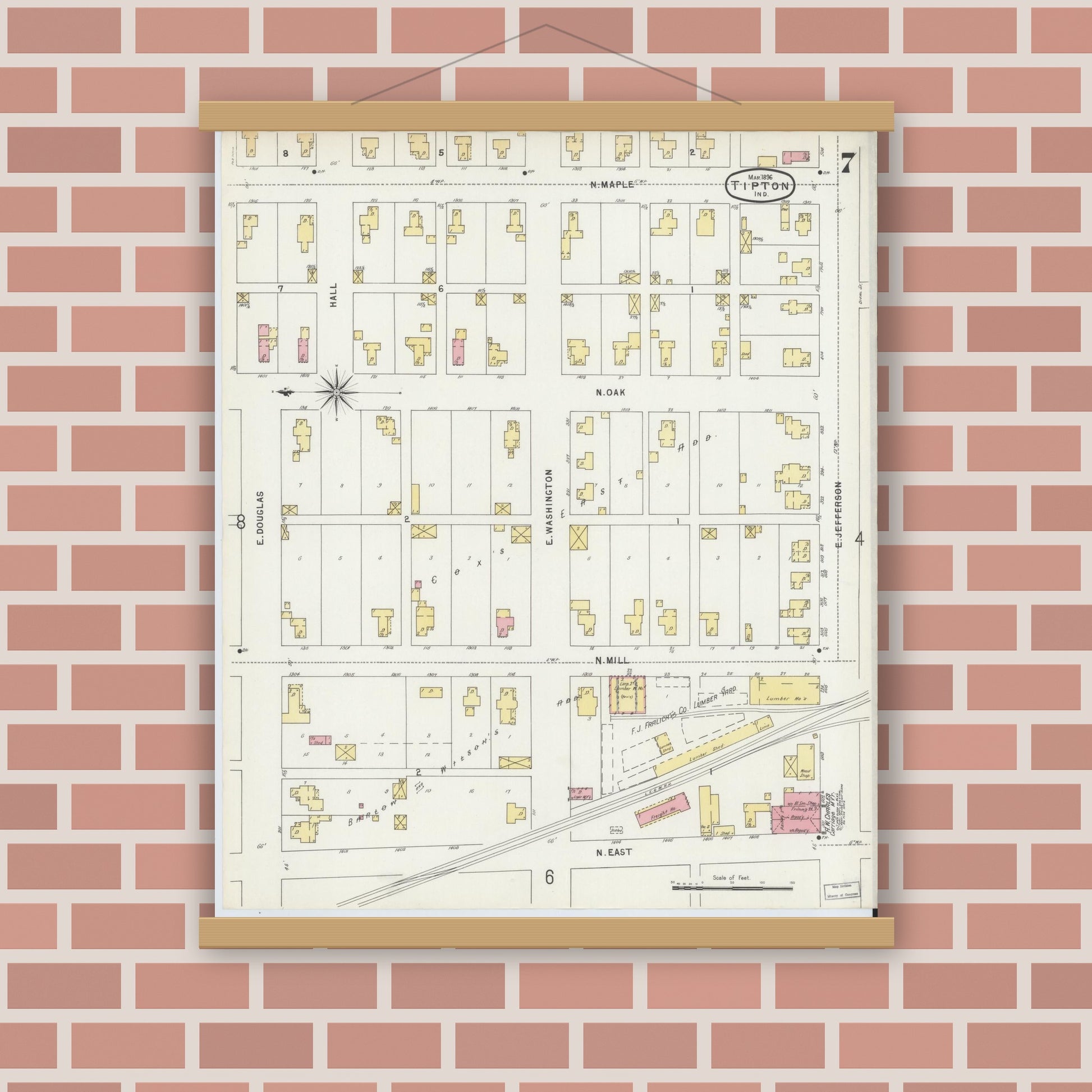 Old map wall art mockup — magnetic wood frame on brick wall — Sanborn Fire Insurance Map from Tipton, Tipton County, Indiana (1896), Sheet #0007