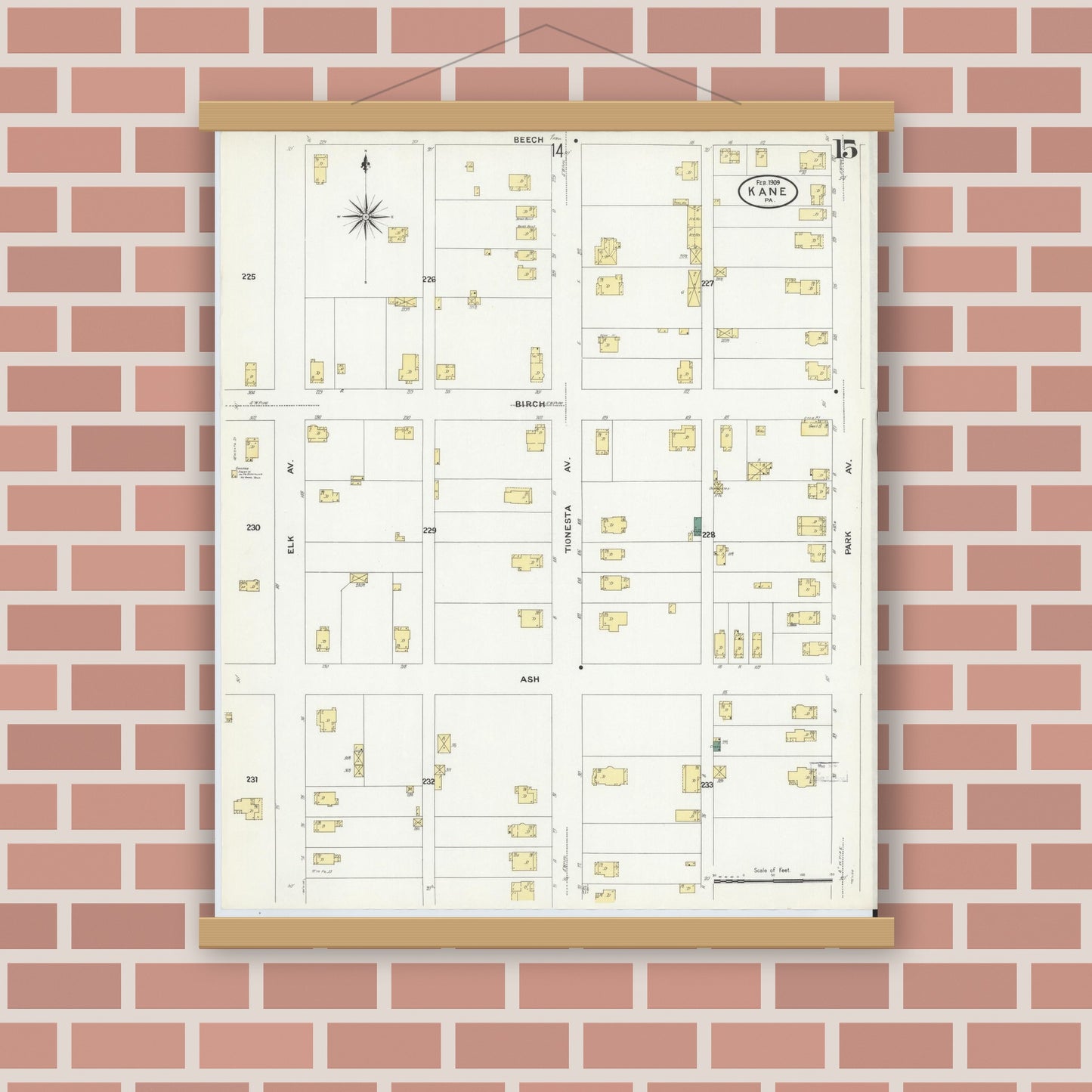 Old map wall art mockup — magnetic wood frame on brick wall — Sanborn Fire Insurance Map from Kane, McKean County, Pennsylvania (1909), Sheet #0015