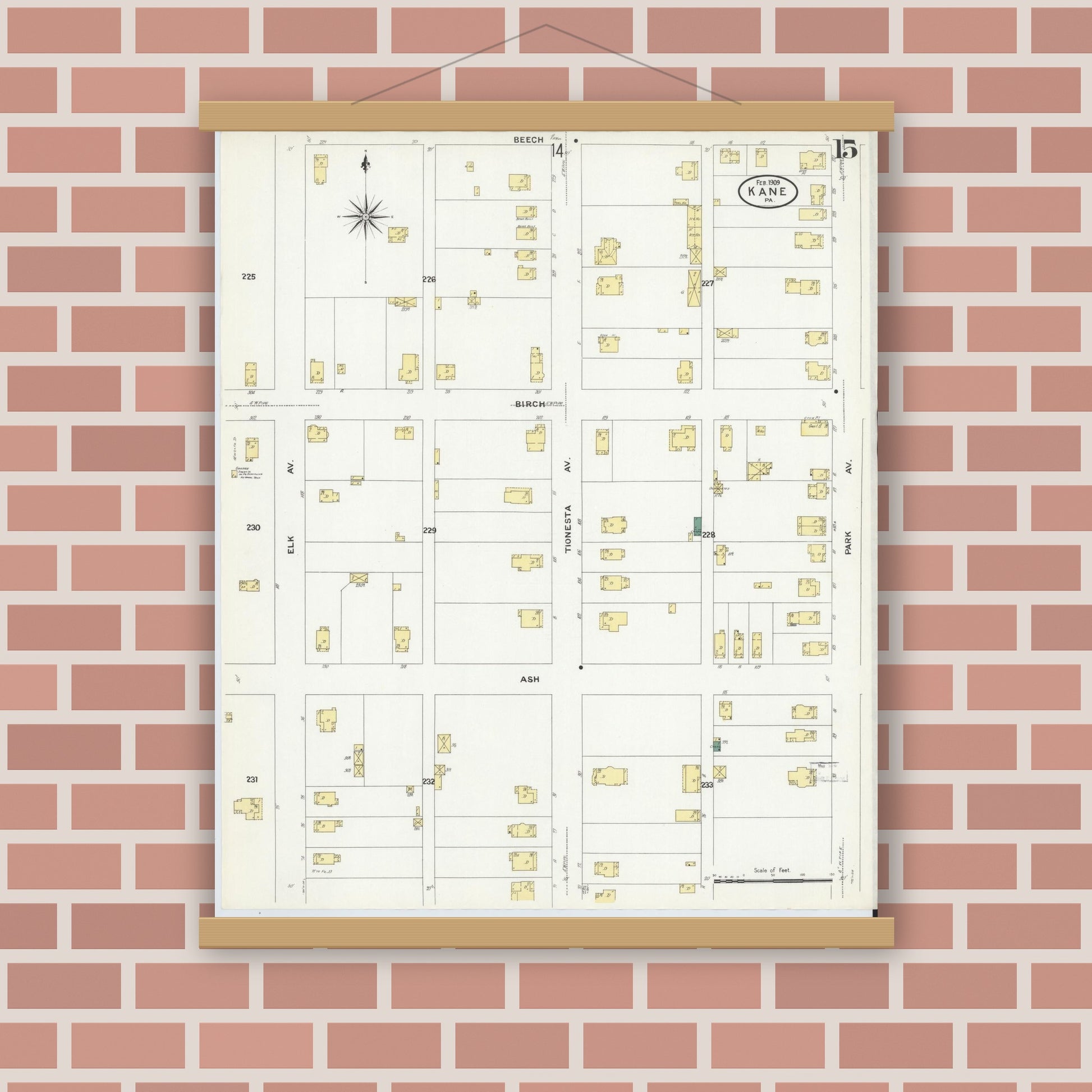 Old map wall art mockup — magnetic wood frame on brick wall — Sanborn Fire Insurance Map from Kane, McKean County, Pennsylvania (1909), Sheet #0015
