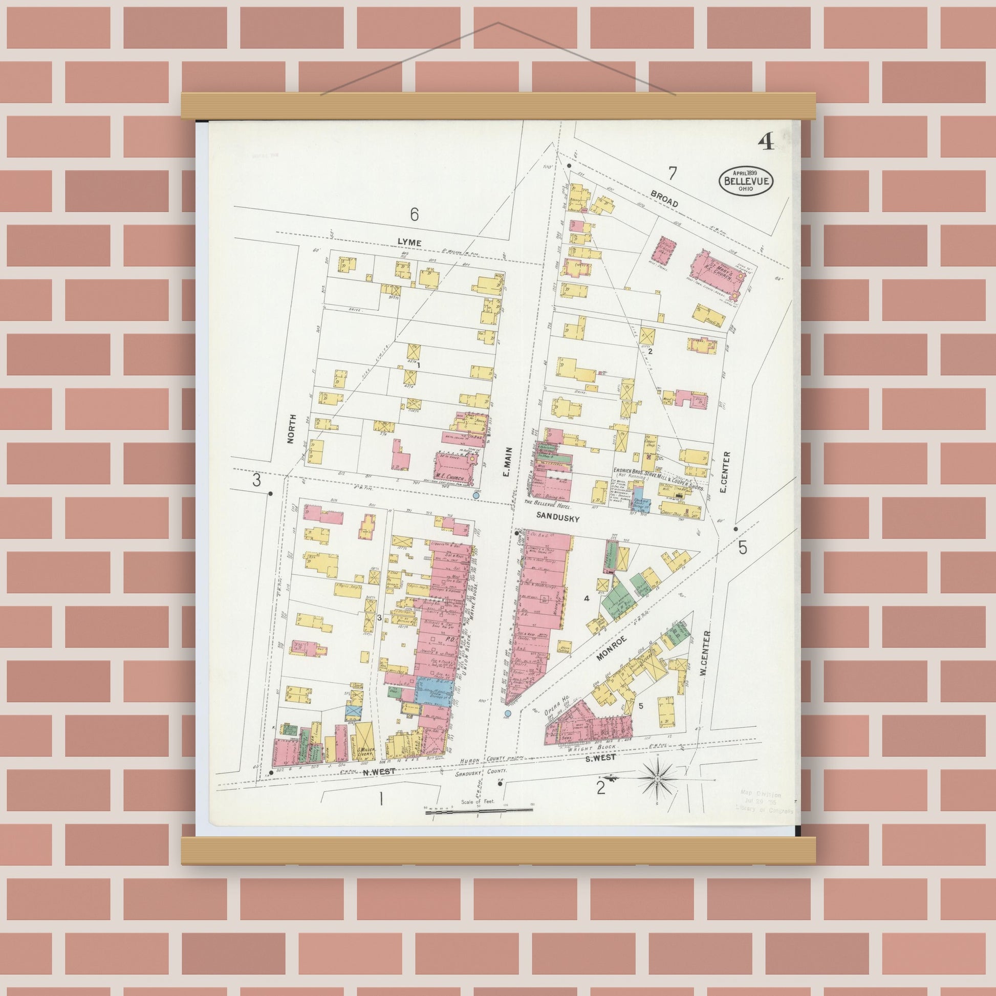 Old map wall art mockup — magnetic wood frame on brick wall — Sanborn Fire Insurance Map from Bellevue, Huron And Sandusky County, Ohio (1899), Sheet #0004