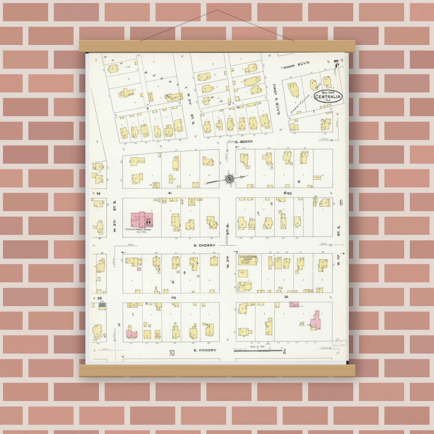Old map wall art mockup — magnetic wood frame on brick wall — Sanborn Fire Insurance Map from Centralia, Marion, Clinton, Jefferson, and Washington Counties, Illinois (1909), Sheet #0007