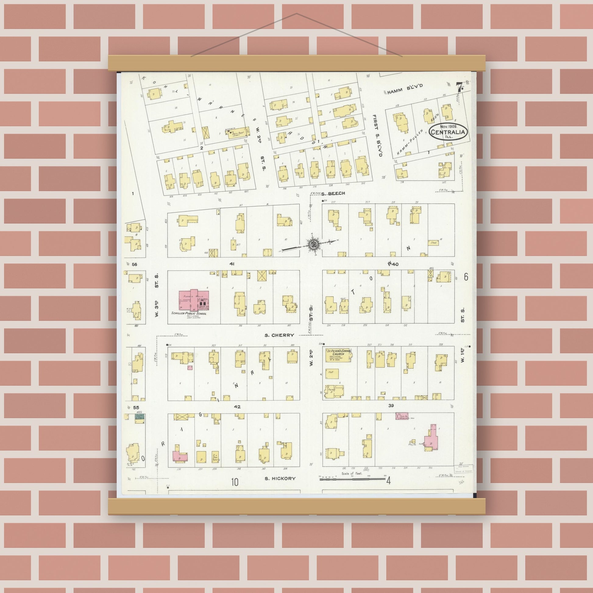 Old map wall art mockup — magnetic wood frame on brick wall — Sanborn Fire Insurance Map from Centralia, Marion, Clinton, Jefferson, and Washington Counties, Illinois (1909), Sheet #0007