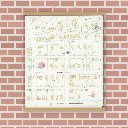 Old map wall art mockup — magnetic wood frame on brick wall — Sanborn Fire Insurance Map from Centralia, Marion, Clinton, Jefferson, and Washington Counties, Illinois (1909), Sheet #0007