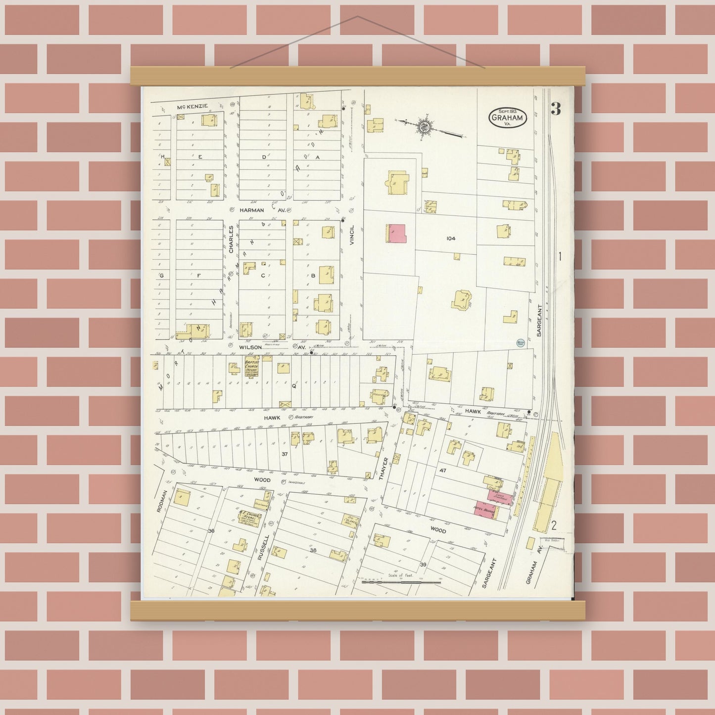 Old map wall art mockup — magnetic wood frame on brick wall — Sanborn Fire Insurance Map from Graham, Tazewell County, Virginia (1913), Sheet #0003