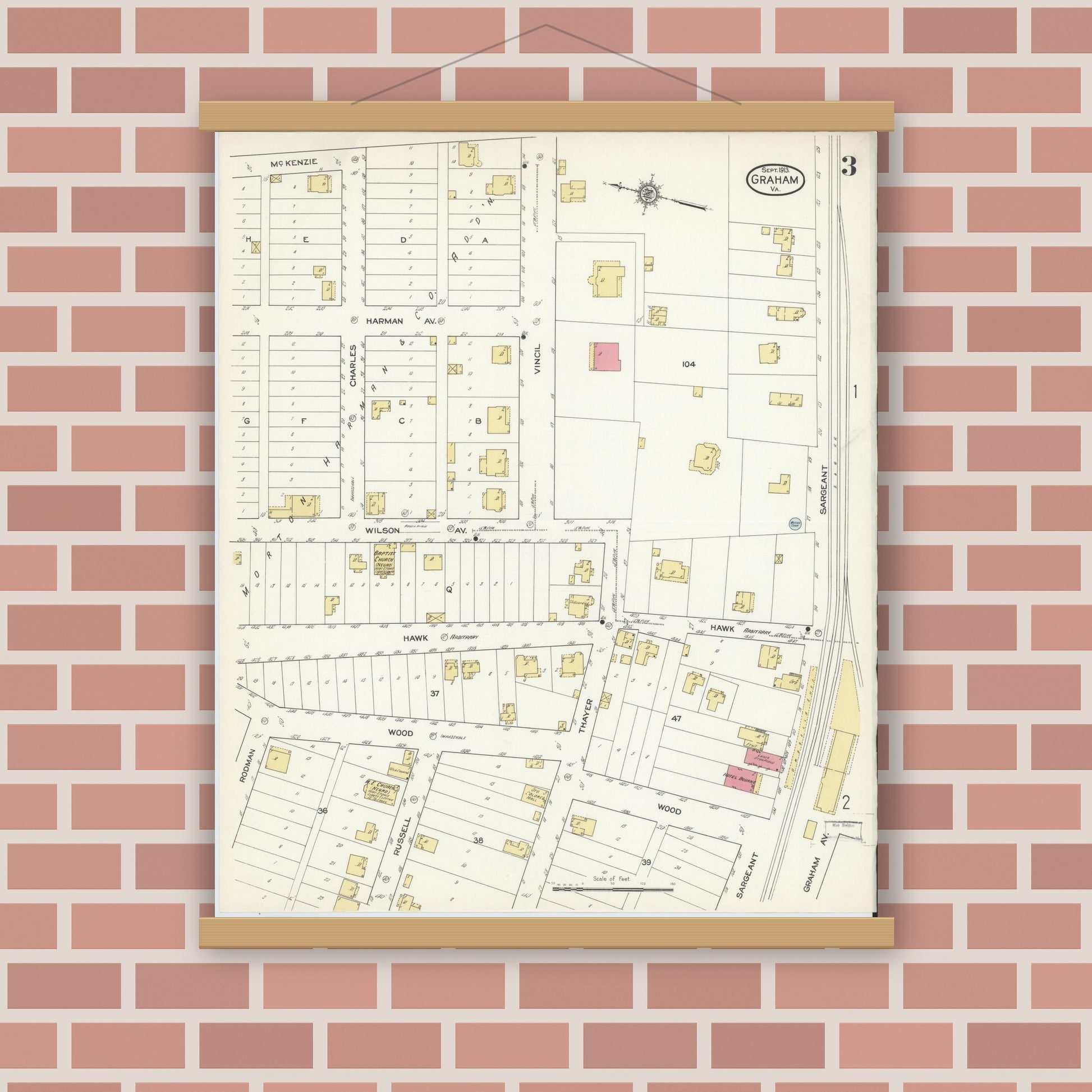 Old map wall art mockup — magnetic wood frame on brick wall — Sanborn Fire Insurance Map from Graham, Tazewell County, Virginia (1913), Sheet #0003