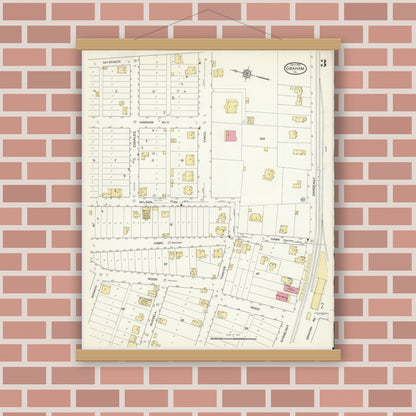 Old map wall art mockup — magnetic wood frame on brick wall — Sanborn Fire Insurance Map from Graham, Tazewell County, Virginia (1913), Sheet #0003