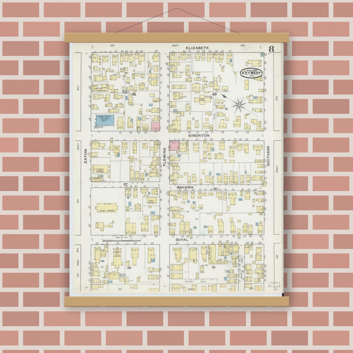 Old map wall art mockup — magnetic wood frame on brick wall — Sanborn Fire Insurance Map from Key West, Monroe County, Florida (1892), Sheet #0008