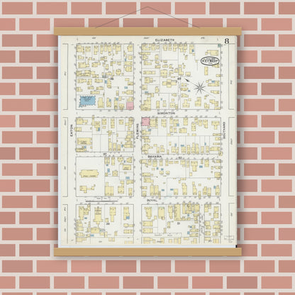 Old map wall art mockup — magnetic wood frame on brick wall — Sanborn Fire Insurance Map from Key West, Monroe County, Florida (1892), Sheet #0008
