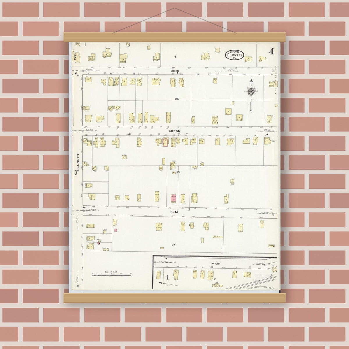 Old map wall art mockup — magnetic wood frame on brick wall — Sanborn Fire Insurance Map from Eldred, McKean County, Pennsylvania (1909), Sheet #0004