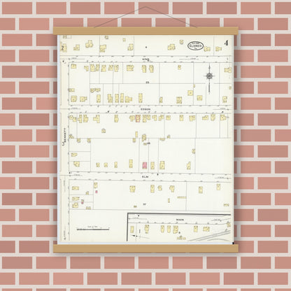 Old map wall art mockup — magnetic wood frame on brick wall — Sanborn Fire Insurance Map from Eldred, McKean County, Pennsylvania (1909), Sheet #0004