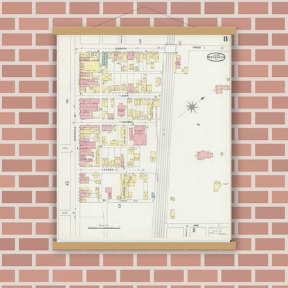 Old map wall art mockup — magnetic wood frame on brick wall — Sanborn Fire Insurance Map from Braddock, Allegheny County, Pennsylvania (1896), Sheet #0008