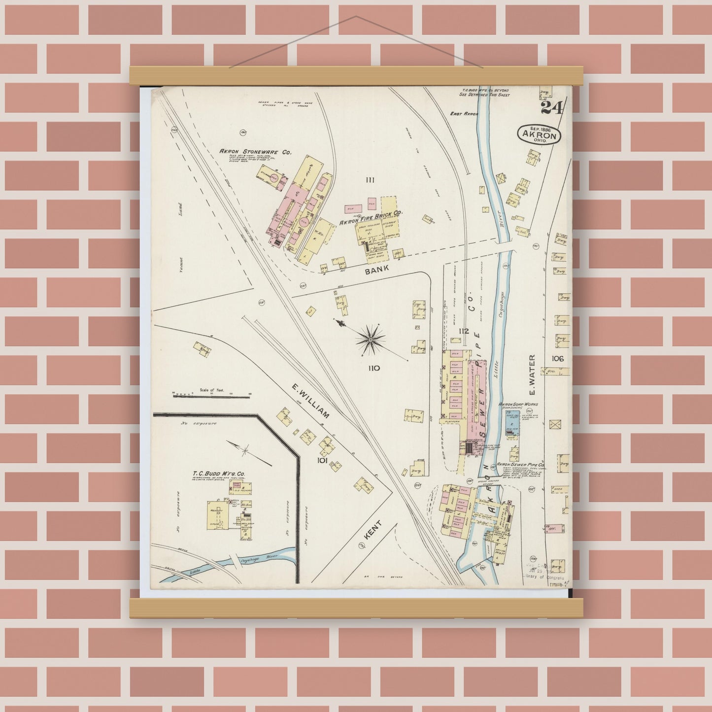 Old map wall art mockup — magnetic wood frame on brick wall — Sanborn Fire Insurance Map from Akron, Summit County, Ohio (1886), Sheet #0024