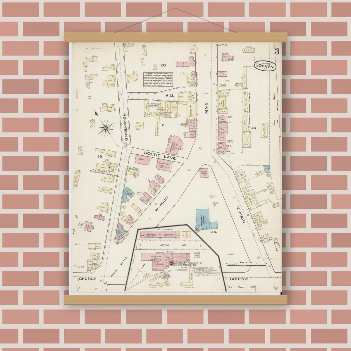Old map wall art mockup — magnetic wood frame on brick wall — Sanborn Fire Insurance Map from Goshen, Orange County, New York (1885), Sheet #0003