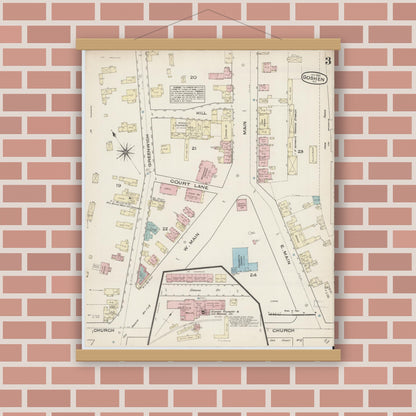 Old map wall art mockup — magnetic wood frame on brick wall — Sanborn Fire Insurance Map from Goshen, Orange County, New York (1885), Sheet #0003