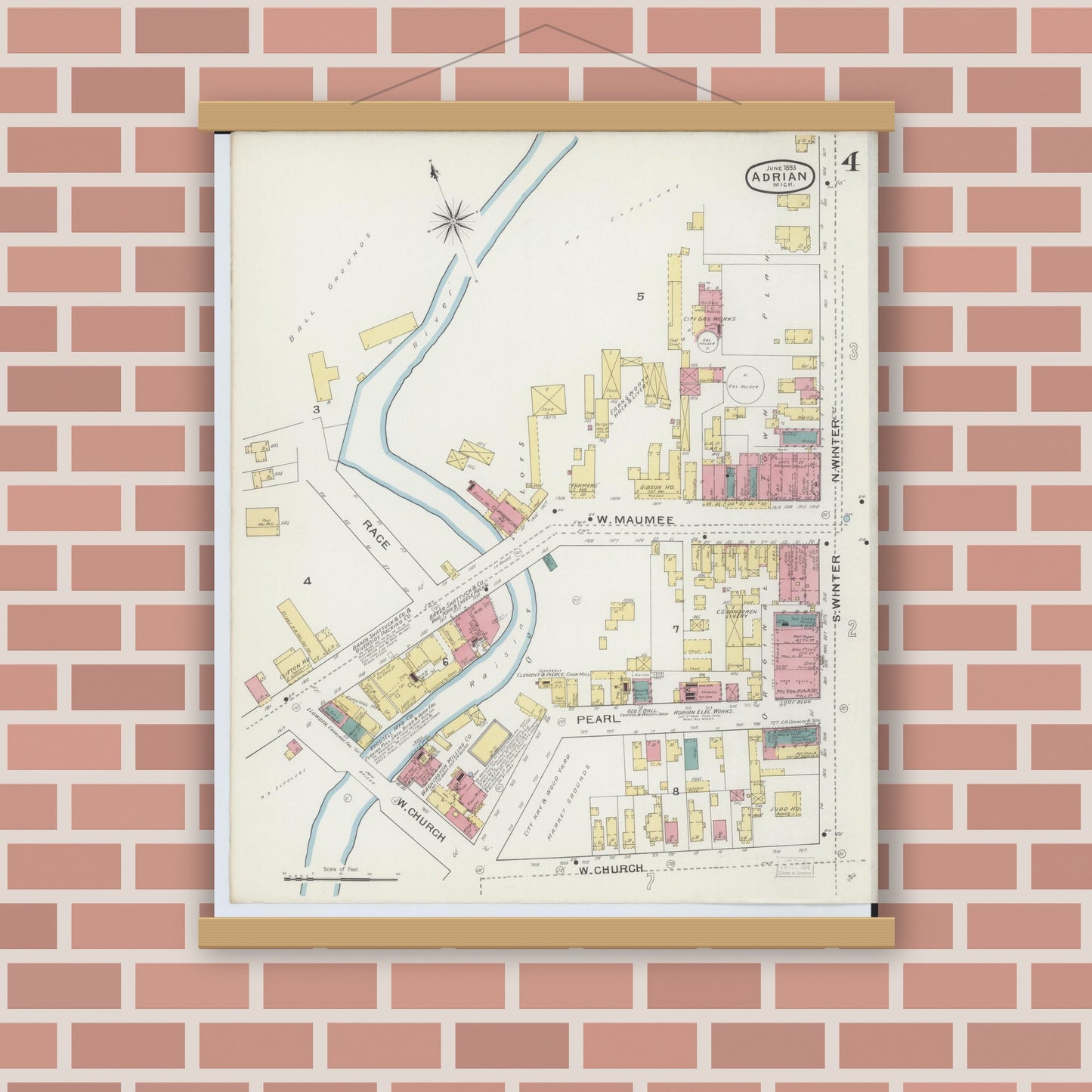 Old map wall art mockup — magnetic wood frame on brick wall — Sanborn Fire Insurance Map from Adrian, Lenawee County, Michigan (1893), Sheet #0004