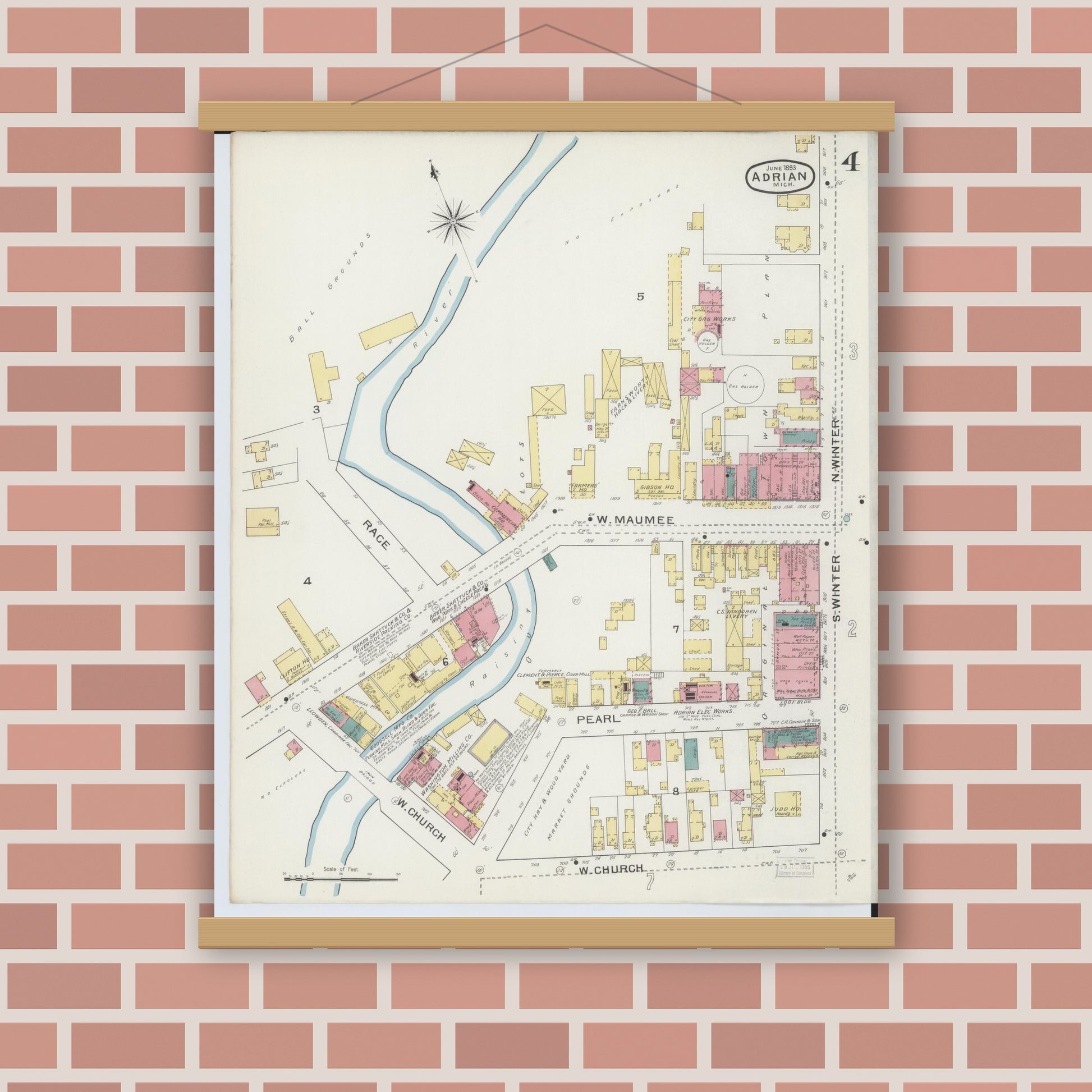 Old map wall art mockup — magnetic wood frame on brick wall — Sanborn Fire Insurance Map from Adrian, Lenawee County, Michigan (1893), Sheet #0004