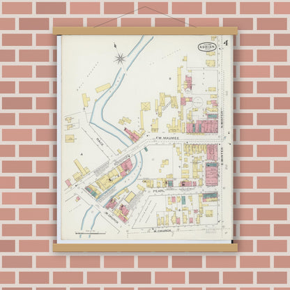 Old map wall art mockup — magnetic wood frame on brick wall — Sanborn Fire Insurance Map from Adrian, Lenawee County, Michigan (1893), Sheet #0004