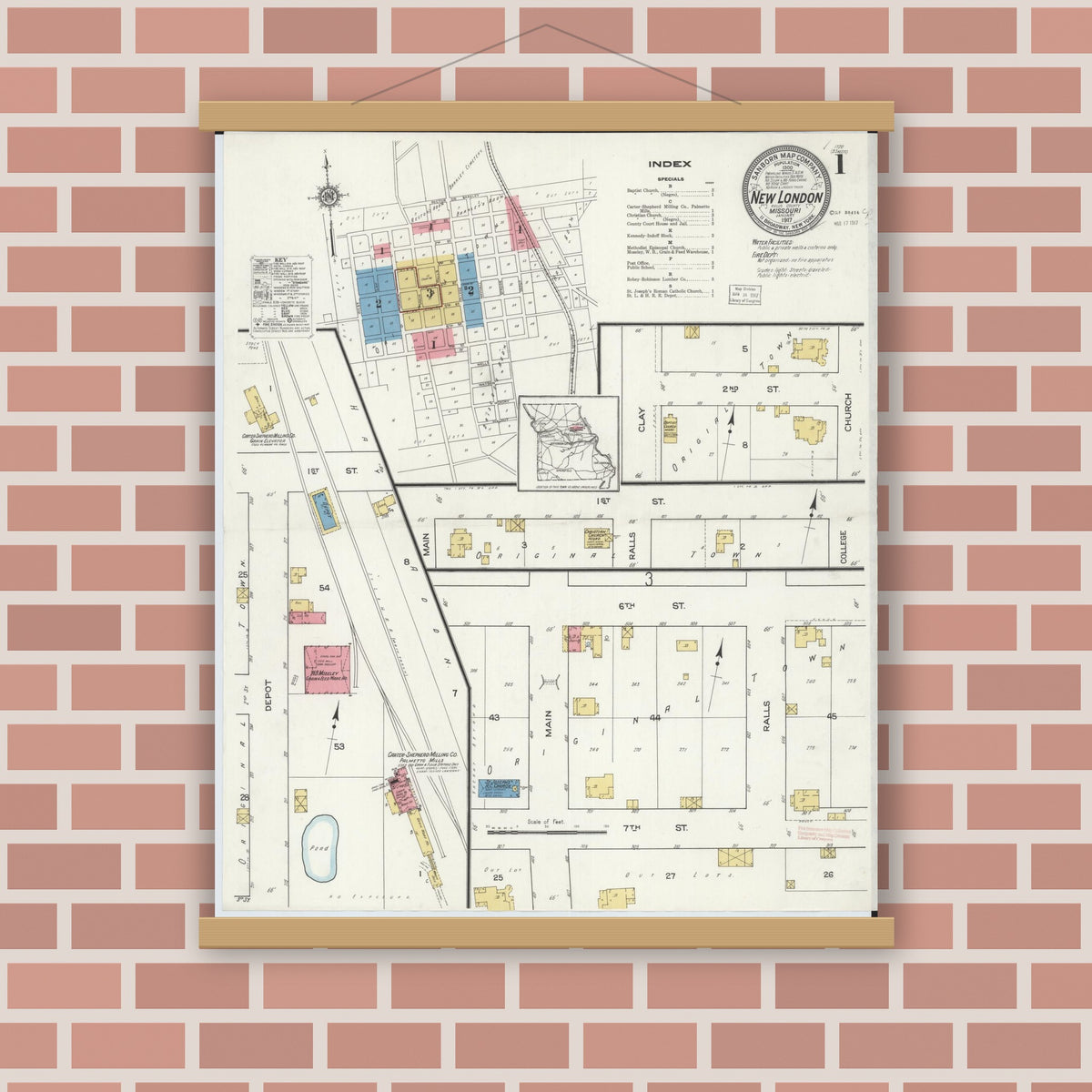 Old map wall art mockup — magnetic wood frame on brick wall — Sanborn Fire Insurance Map from New London, Ralls County, Missouri (1917) - Complete Map Set