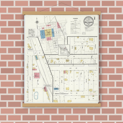 Old map wall art mockup — magnetic wood frame on brick wall — Sanborn Fire Insurance Map from New London, Ralls County, Missouri (1917) - Complete Map Set