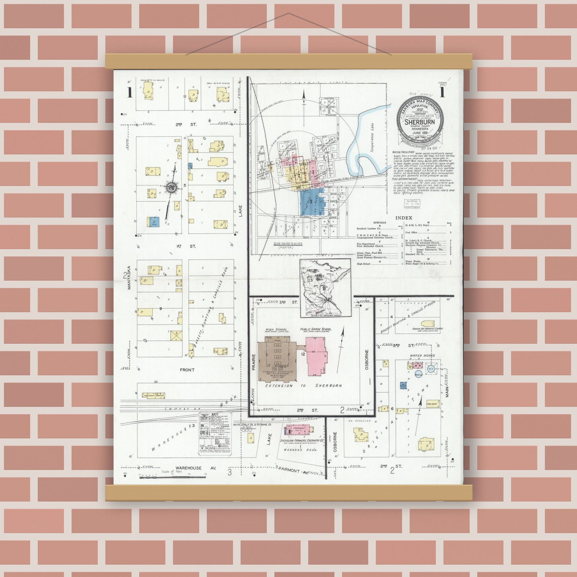 Old map wall art mockup — magnetic wood frame on brick wall — Sanborn Fire Insurance Map from Sherburn, Martin County, Minnesota (1928) - Complete Map Set