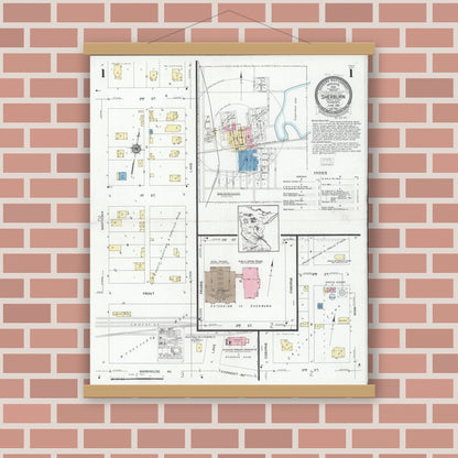 Old map wall art mockup — magnetic wood frame on brick wall — Sanborn Fire Insurance Map from Sherburn, Martin County, Minnesota (1928) - Complete Map Set