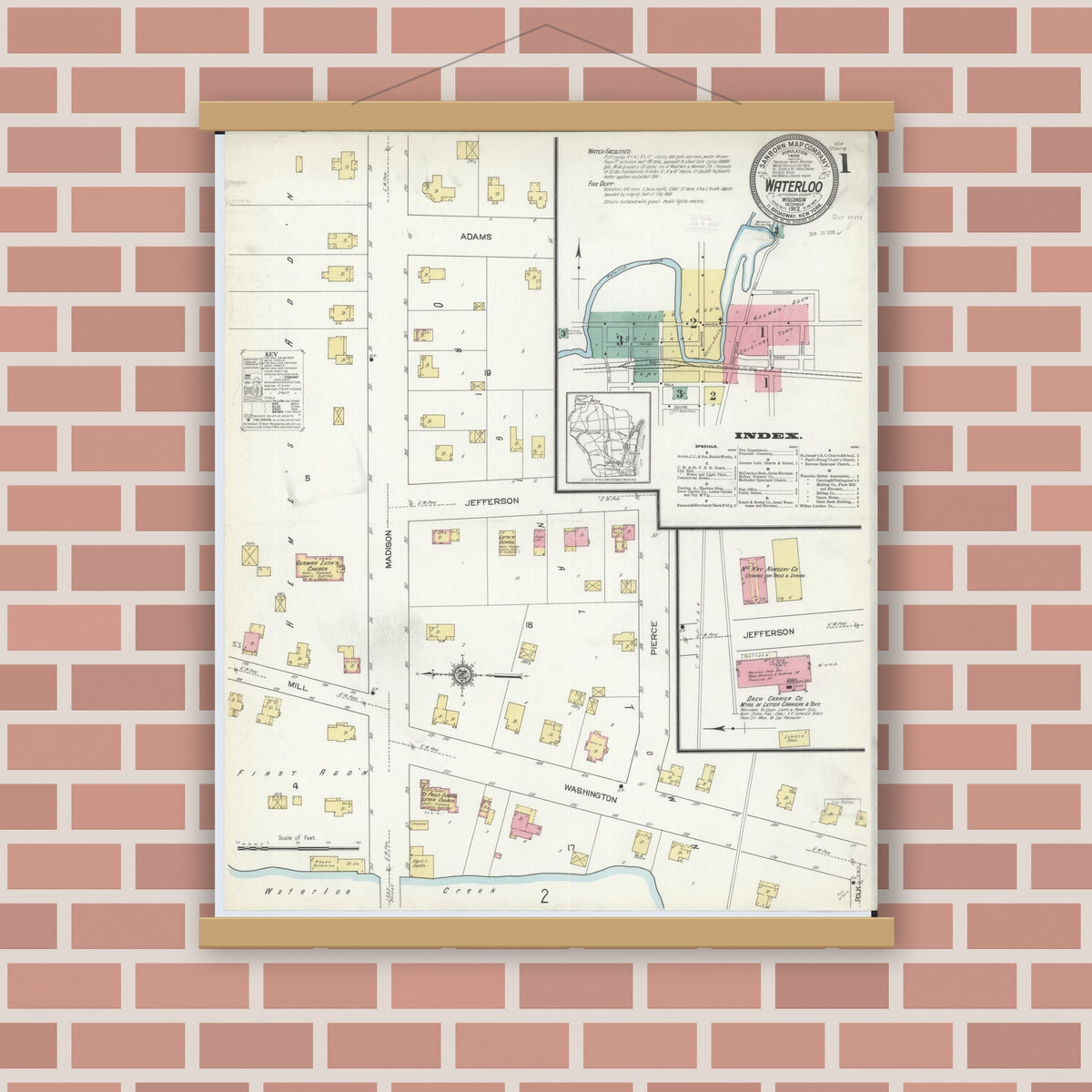 Old map wall art mockup — magnetic wood frame on brick wall — Sanborn Fire Insurance Map from Waterloo, Jefferson County, Wisconsin (1912), Sheet #0001