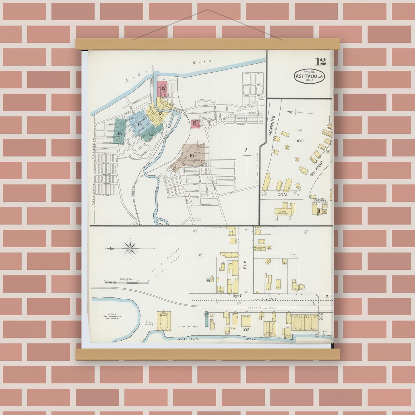Old map wall art mockup — magnetic wood frame on brick wall — Sanborn Fire Insurance Map from Ashtabula, Ashtabula County, Ohio (1893), Sheet #0012