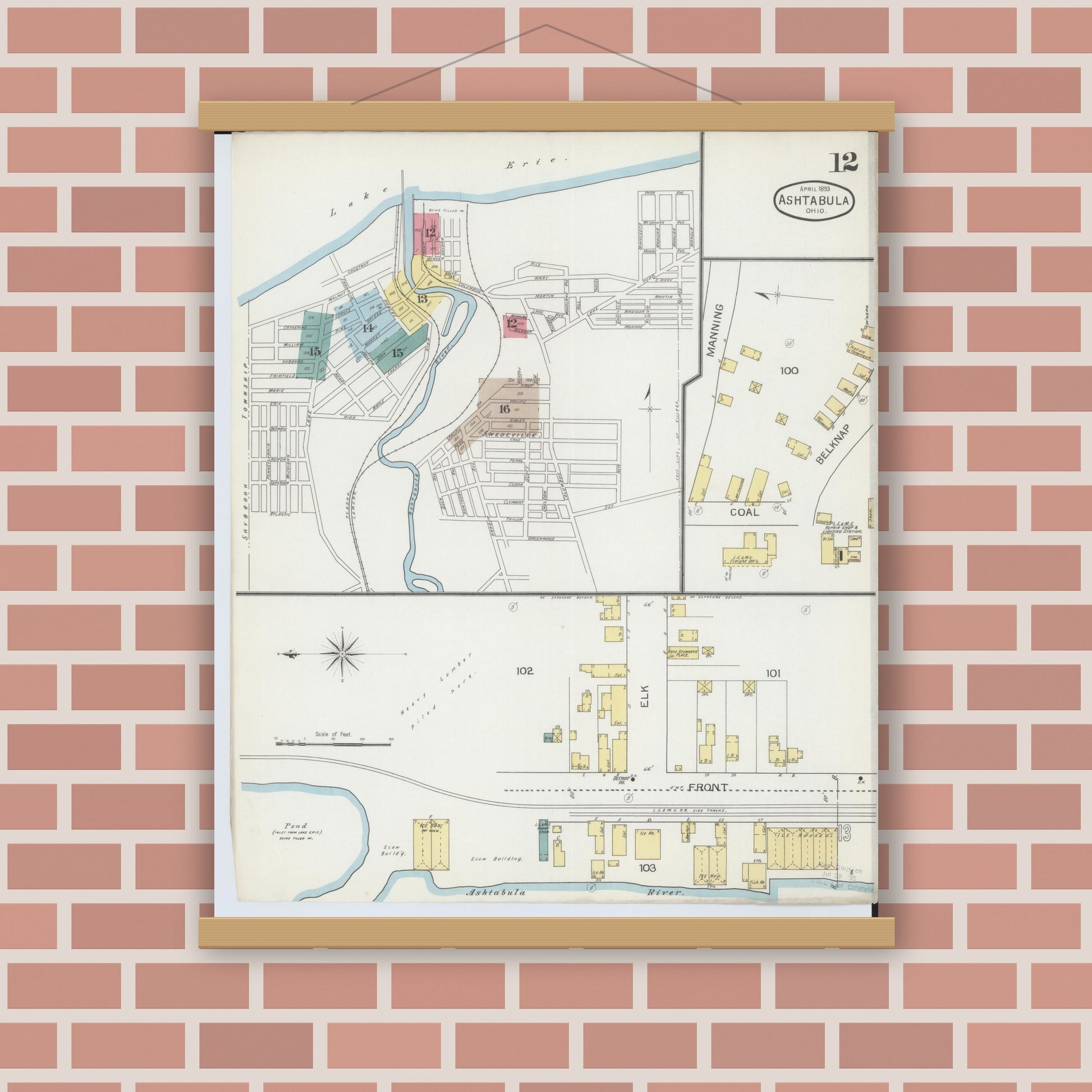 Old map wall art mockup — magnetic wood frame on brick wall — Sanborn Fire Insurance Map from Ashtabula, Ashtabula County, Ohio (1893), Sheet #0012