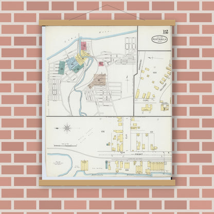 Old map wall art mockup — magnetic wood frame on brick wall — Sanborn Fire Insurance Map from Ashtabula, Ashtabula County, Ohio (1893), Sheet #0012