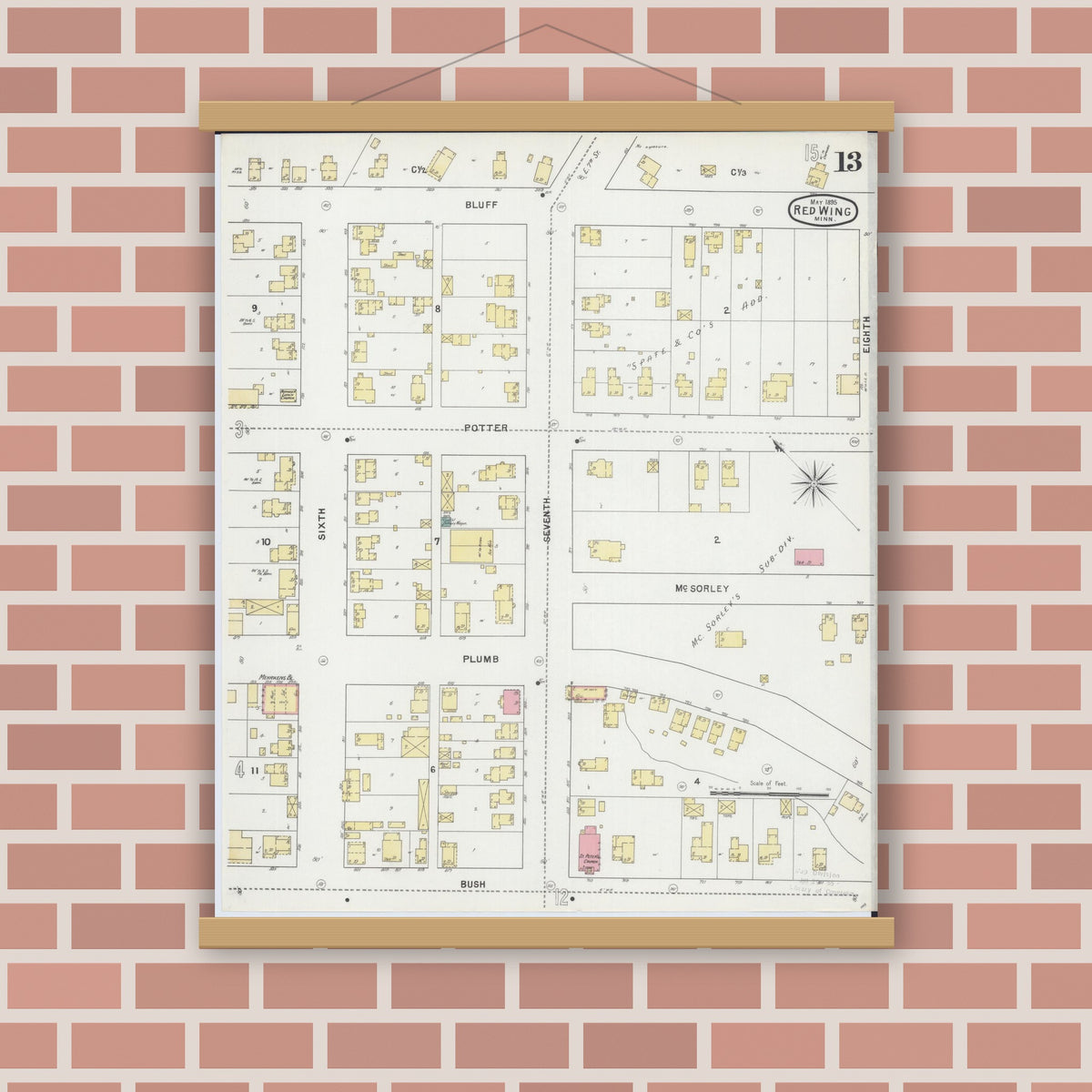 Old map wall art mockup — magnetic wood frame on brick wall — Sanborn Fire Insurance Map from Red Wing, Goodhue County, Minnesota (1895), Sheet #0013