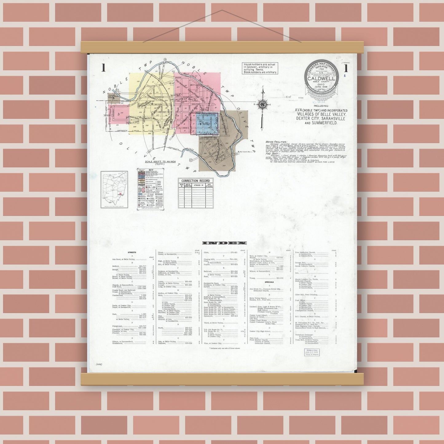Old map wall art mockup — magnetic wood frame on brick wall — Sanborn Fire Insurance Map from Caldwell, Noble County, Ohio (1948), Sheet #0001