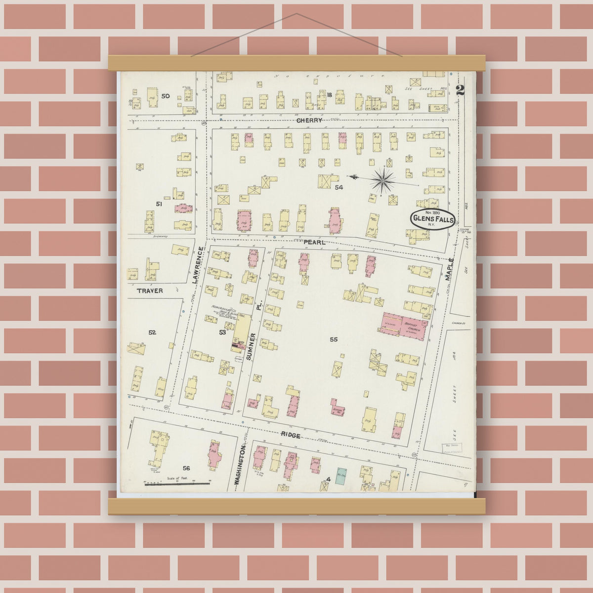Old map wall art mockup — magnetic wood frame on brick wall — Sanborn Fire Insurance Map from Glens Falls, Warren County, New York (1890) - Complete Map Set