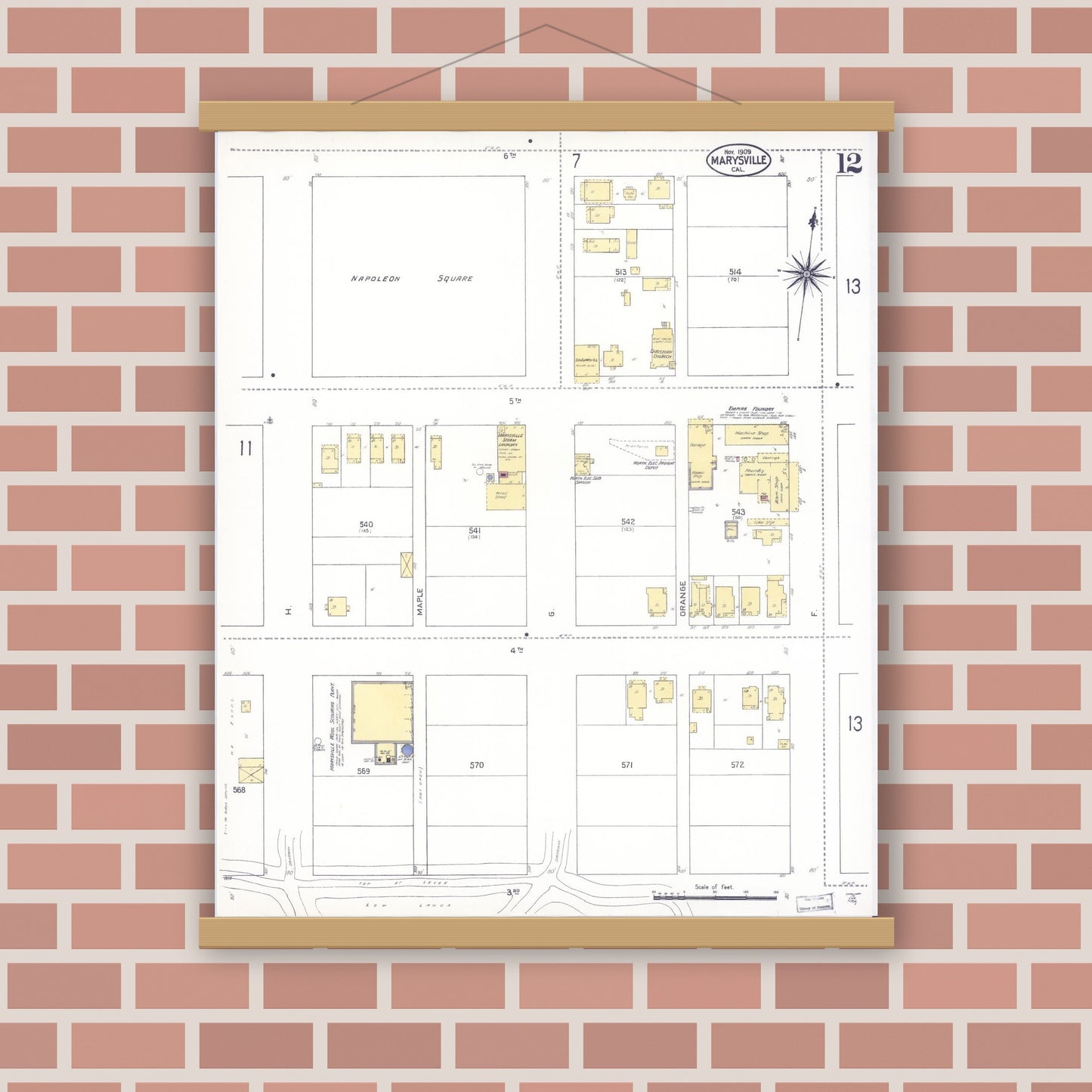 Old map wall art mockup — magnetic wood frame on brick wall — Sanborn Fire Insurance Map from Marysville, Yuba County, California (1909), Sheet #0012