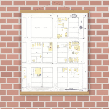 Old map wall art mockup — magnetic wood frame on brick wall — Sanborn Fire Insurance Map from Marysville, Yuba County, California (1909), Sheet #0012