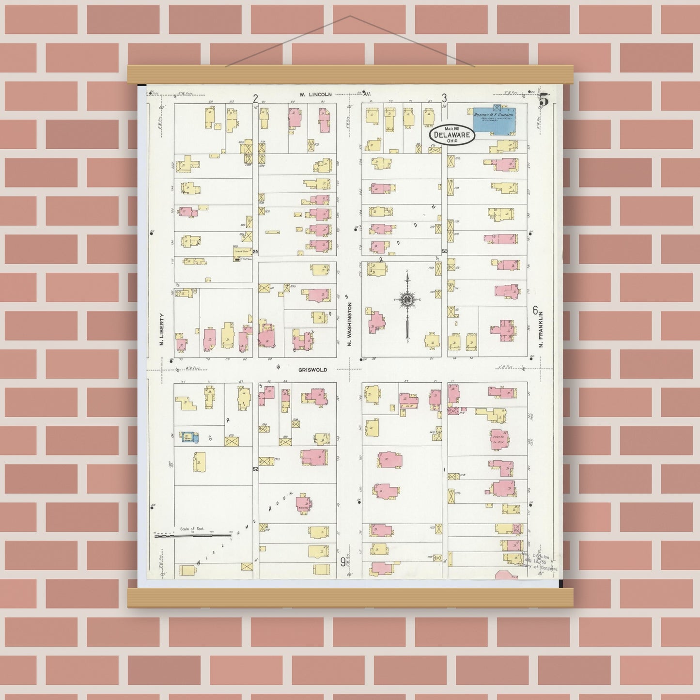 Old map wall art mockup — magnetic wood frame on brick wall — Sanborn Fire Insurance Map from Delaware, Delaware County, Ohio (1911), Sheet #0005