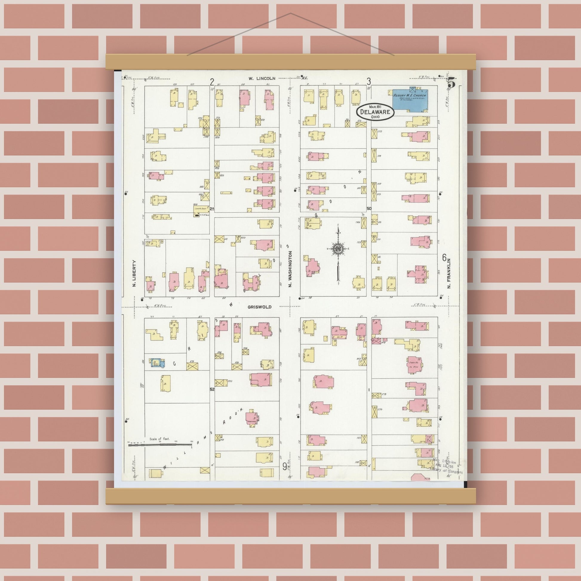 Old map wall art mockup — magnetic wood frame on brick wall — Sanborn Fire Insurance Map from Delaware, Delaware County, Ohio (1911), Sheet #0005