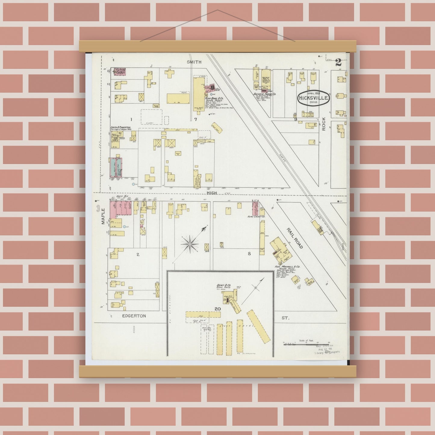 Old map wall art mockup — magnetic wood frame on brick wall — Sanborn Fire Insurance Map from Hicksville, Defiance County, Ohio (1893), Sheet #0002