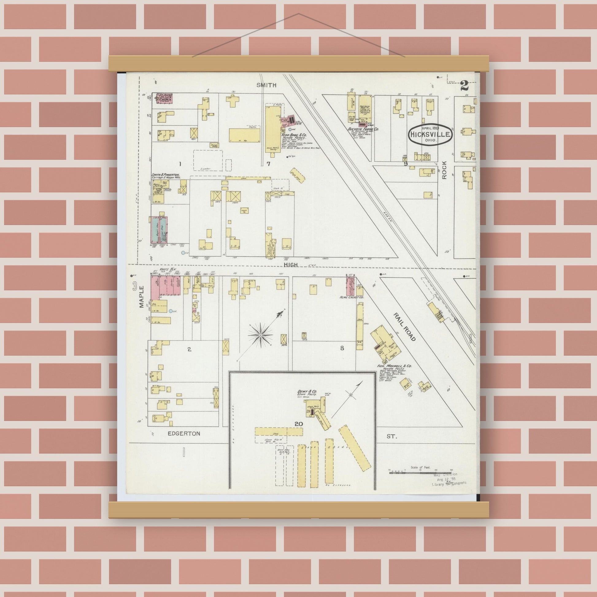 Old map wall art mockup — magnetic wood frame on brick wall — Sanborn Fire Insurance Map from Hicksville, Defiance County, Ohio (1893), Sheet #0002