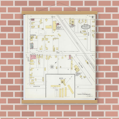 Old map wall art mockup — magnetic wood frame on brick wall — Sanborn Fire Insurance Map from Hicksville, Defiance County, Ohio (1893), Sheet #0002