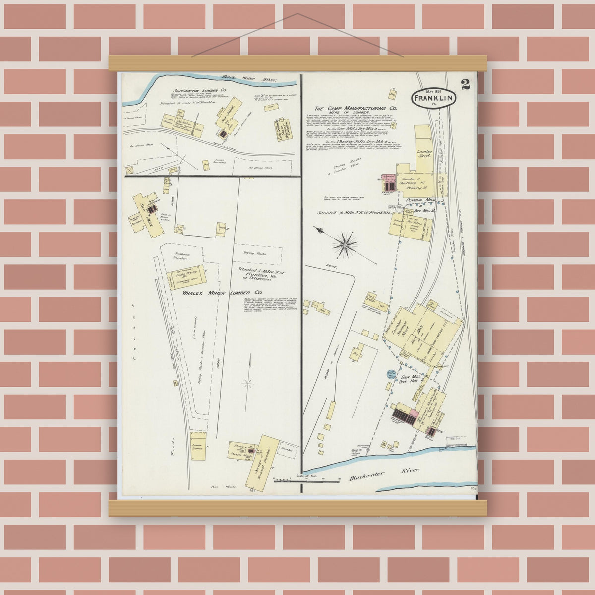 Old map wall art mockup — magnetic wood frame on brick wall — Sanborn Fire Insurance Map from Franklin, Independent Cities, Virginia (1891), Sheet #0002
