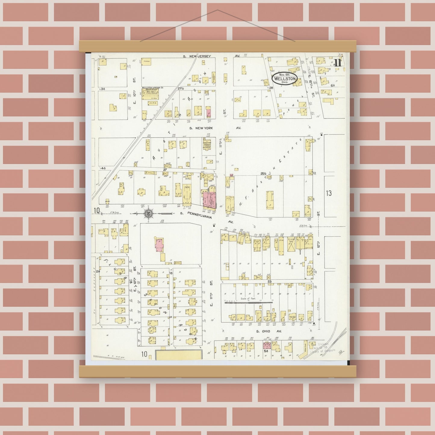 Old map wall art mockup — magnetic wood frame on brick wall — Sanborn Fire Insurance Map from Wellston, Jackson County, Ohio (1911), Sheet #0011