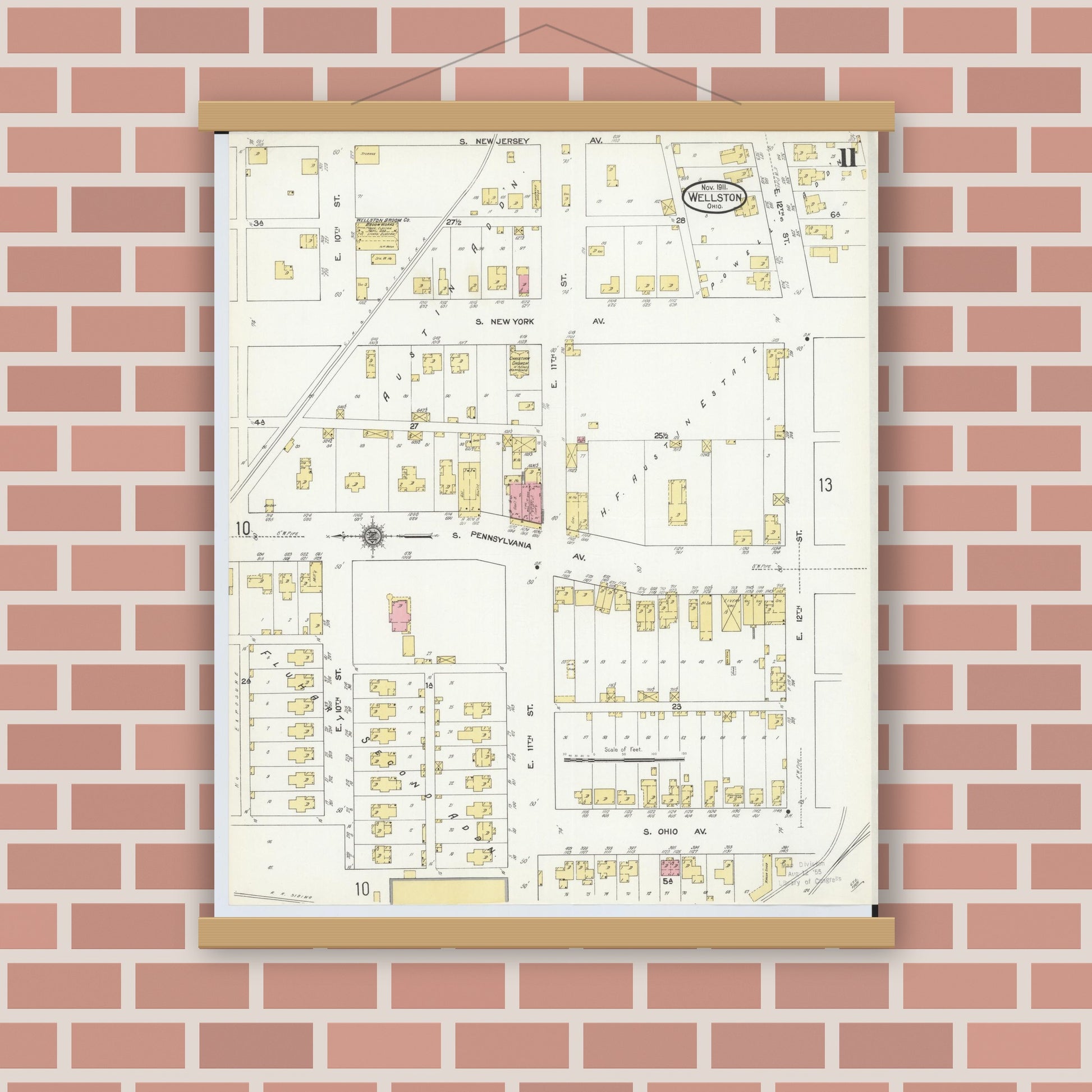 Old map wall art mockup — magnetic wood frame on brick wall — Sanborn Fire Insurance Map from Wellston, Jackson County, Ohio (1911), Sheet #0011