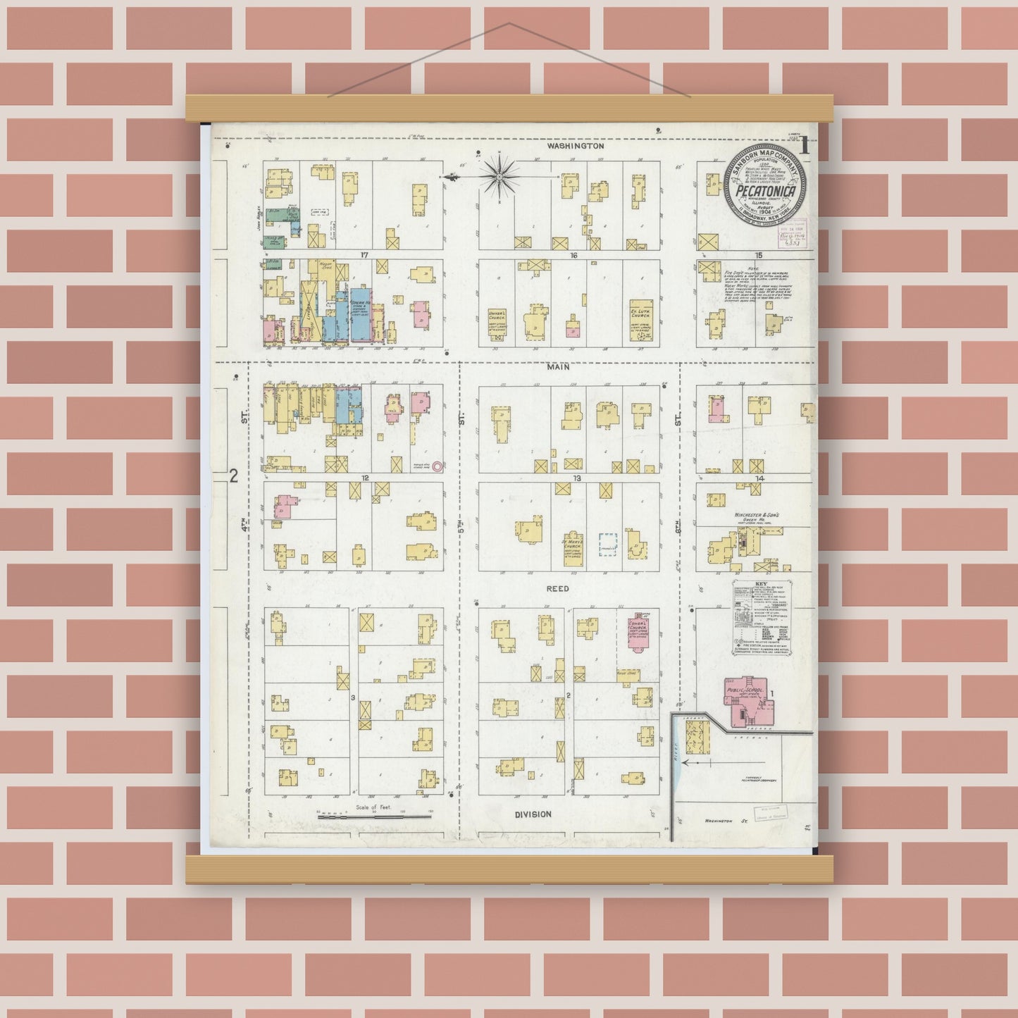 Old map wall art mockup — magnetic wood frame on brick wall — Sanborn Fire Insurance Map from Pecatonica, Winnebago County, Illinois (1904), Sheet #0001