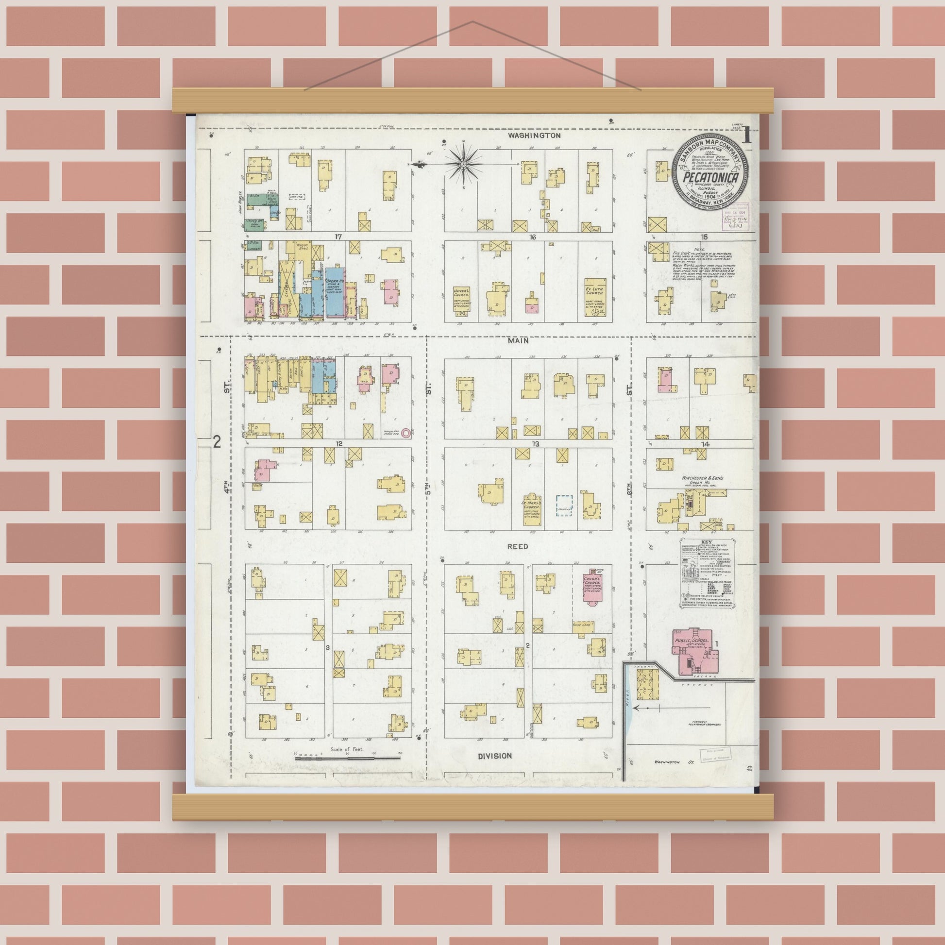 Old map wall art mockup — magnetic wood frame on brick wall — Sanborn Fire Insurance Map from Pecatonica, Winnebago County, Illinois (1904), Sheet #0001