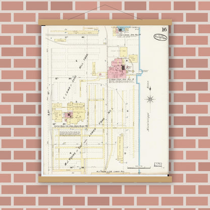 Old map wall art mockup — magnetic wood frame on brick wall — Sanborn Fire Insurance Map from Clinton, Clinton County, Iowa (1890), Sheet #0016