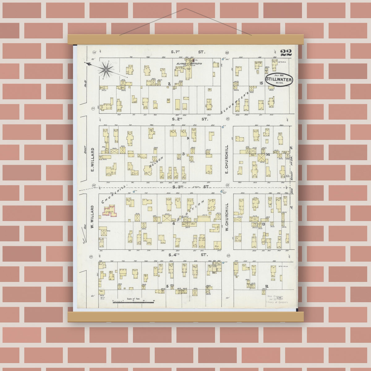 Old map wall art mockup — magnetic wood frame on brick wall — Sanborn Fire Insurance Map from Stillwater, Washington County, Minnesota (1891), Sheet #0022