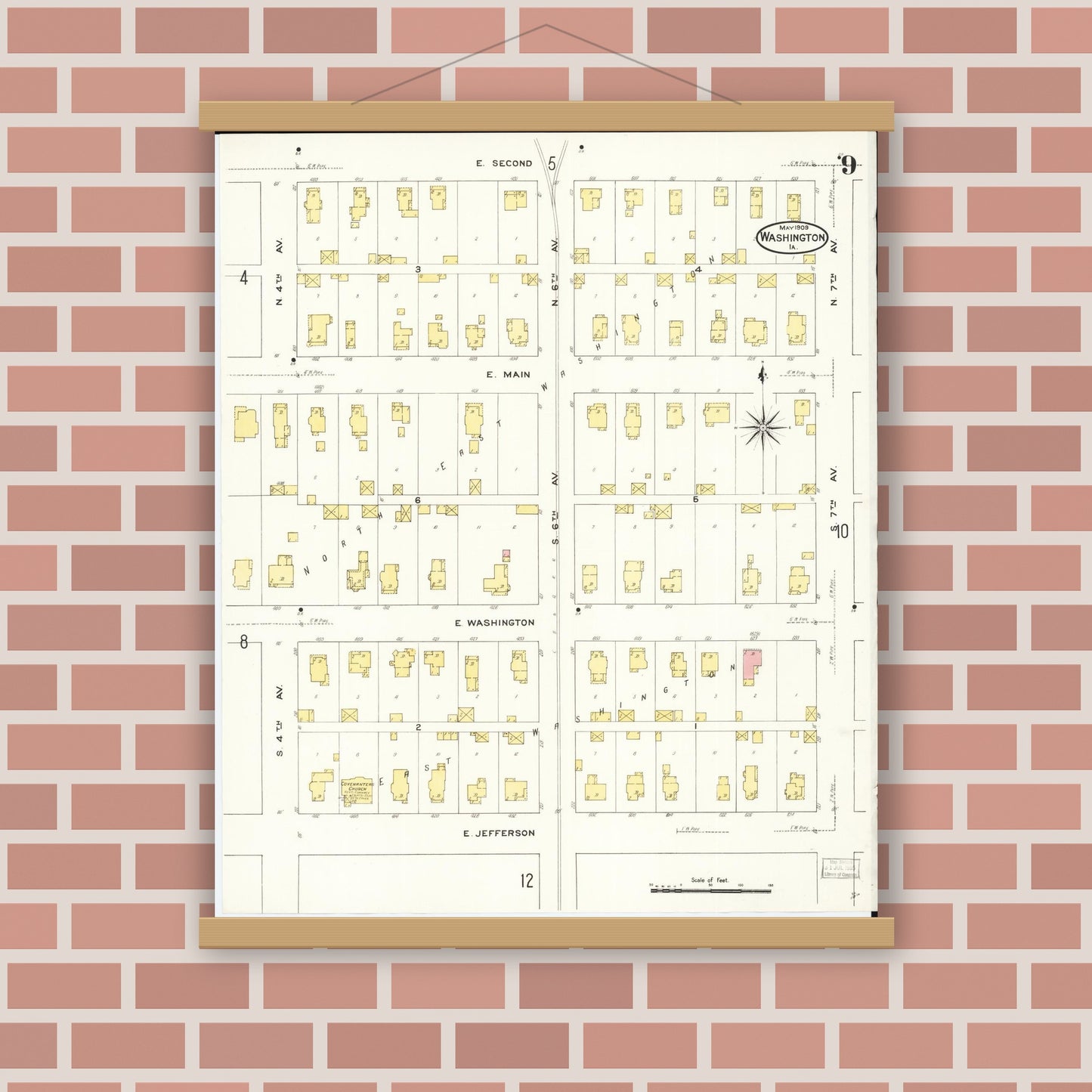 Old map wall art mockup — magnetic wood frame on brick wall — Sanborn Fire Insurance Map from Washington, Washington County, Iowa (1909), Sheet #0009