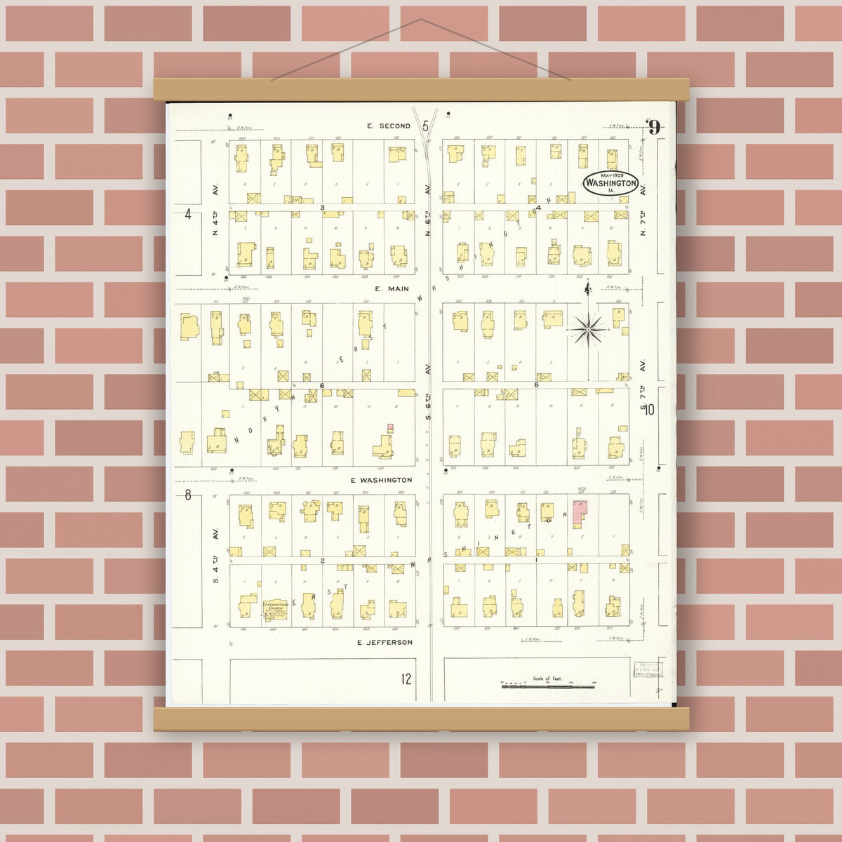Old map wall art mockup — magnetic wood frame on brick wall — Sanborn Fire Insurance Map from Washington, Washington County, Iowa (1909), Sheet #0009