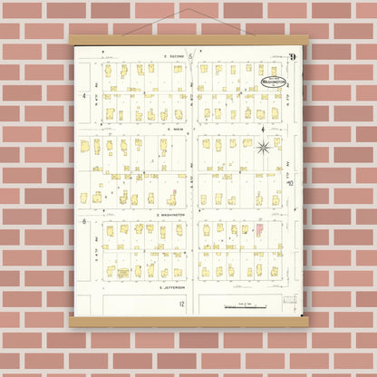 Old map wall art mockup — magnetic wood frame on brick wall — Sanborn Fire Insurance Map from Washington, Washington County, Iowa (1909), Sheet #0009