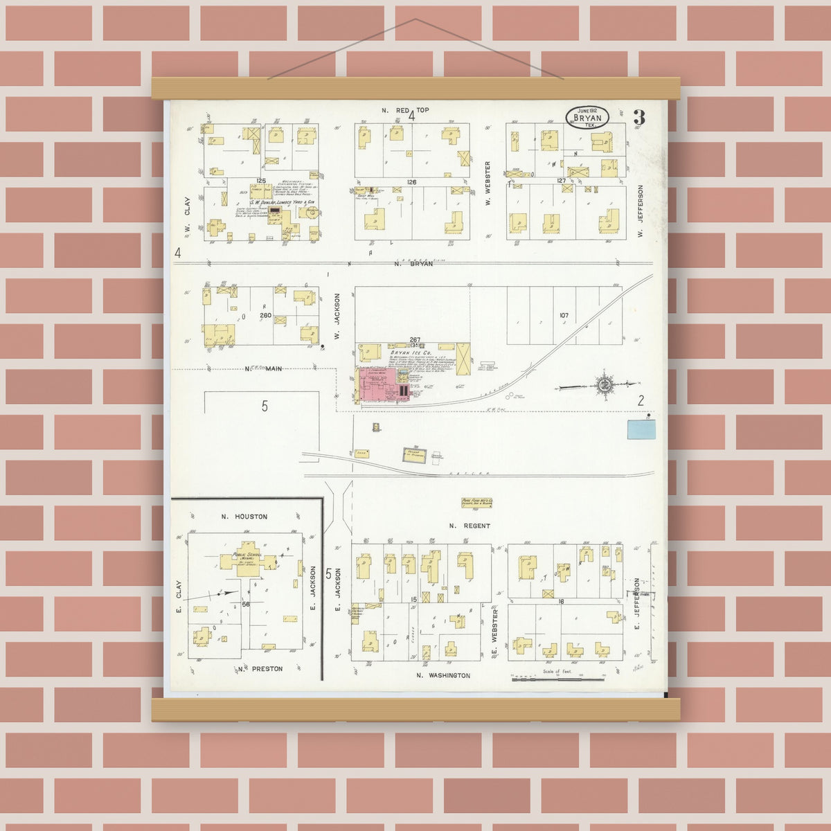 Old map wall art mockup — magnetic wood frame on brick wall — Sanborn Fire Insurance Map from Bryan, Brazos County, Texas (1912), Sheet #0003